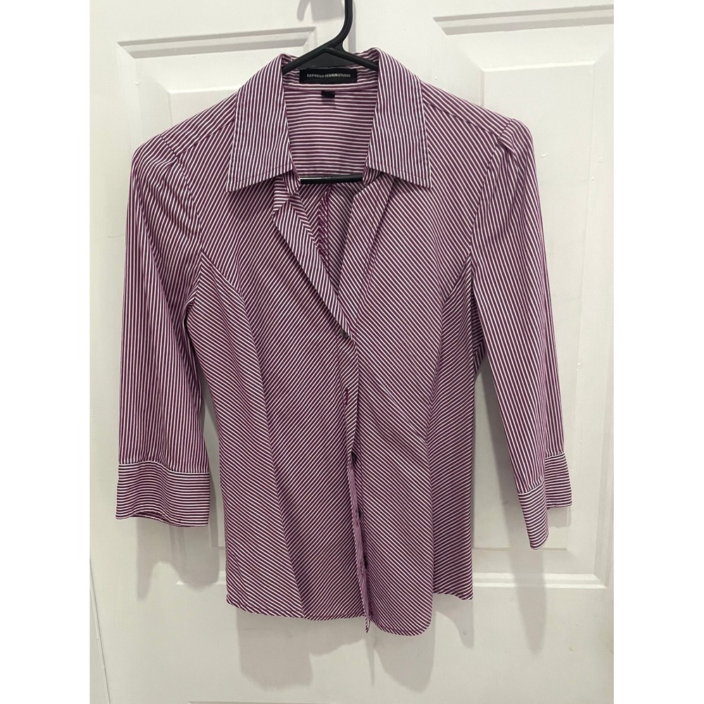 Express Design Studio Purple White Striped 3/4 Sleeve Button Down Shirt XS